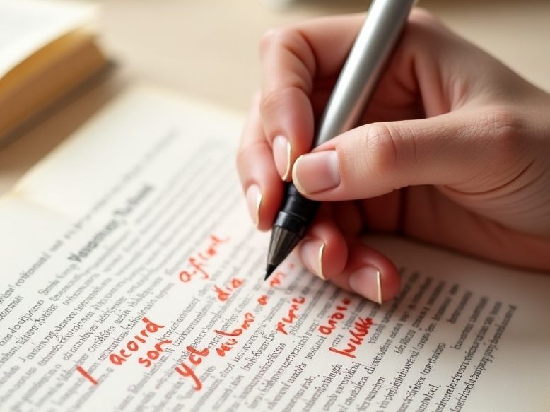 Main d'un correcteur professionnel portant des annotations au stylo rouge sur un manuscrit